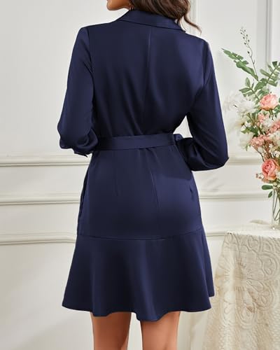 Image of Women's Long Sleeve Button Up Midi Belt Shift Collar Dress with Pockets for Work Office Business