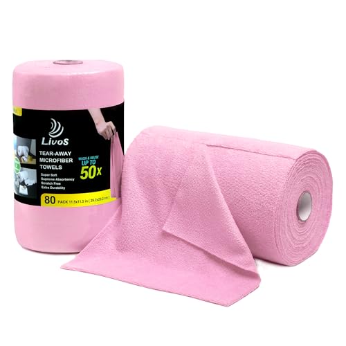 LIVOS Microfiber Cleaning Cloth Roll - 80 Pack, Reusable Paper Towels Pink Tear Away, Microfiber Towels for Cars, Super Absorbent Lint Free Cleaning Rags for House, Kitchen, Window-11.5"x11.5"