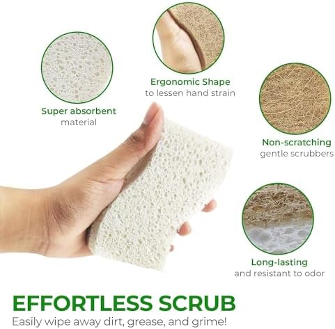 Biodegradable Natural Sponge Pack of 24 - Cellulose and Coconut Washing up Sponges - Eco Heavy Duty Cleaning Sponges - Non Scratch Odour Free Kitchen Sponges Multipack for Dishes, Pots and Pans