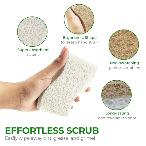 AIRNEX Biodegradable Natural Kitchen Sponge - Compostable Cellulose and Coconut Walnut Scrubber Sponge (24 Pack)