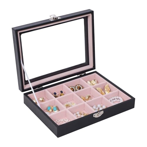 Stratalife 12-Slot Earring Organizer Box Detachable Jewelry Holder for Women & Girls Velvet Lined Earring Case with Lid Compact Jewelry Storage for Earrings Rings and Charms Black Pink