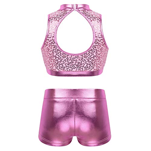 Agoky Kids Girls' Top and Booty Shorts Ballet Dance Gymnastics Sports Leotard or Swimwear Swimming Costumes Pink Crop Top 13-14