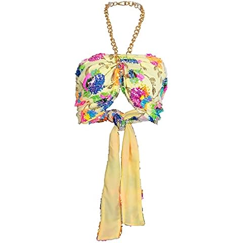 Halter Sequin Crop Tops for Women Sexy Nightout Party Backless Sleeveless Camis Floral Embroidery Yellow Cover