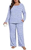 HOTGIFT Plus Size Womens Pajamas Set 2 Piece Pjs Loungewear Long Sleeve Sleepwear with Pockets Fall & Winter Spot Blue Medium