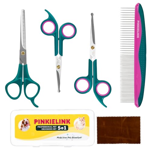 Professional 5 in 1 Pet Grooming Kit - Stainless Steel Dog & Cat Grooming Scissors with Rounded Tip Blades for Safe Fur Trimming, Thinning Shears, Straight Scissors, and Pet Comb (Green 5 in 1)