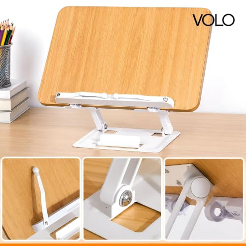 Image of VOLO Book Stand Holder - Portable Adjustable & Foldable Book Holder for Desk, Cookbook, Recipe Book, Textbook & Music Reading Stand (Wooden)
