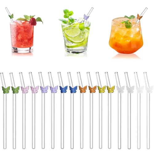 16 Cannucce di Vetro Curve con Farfalla, Cannucce Riutilizzabili, con 2 Spazzole, per Smoothie, Caffè, Succhi, Tè, Latte