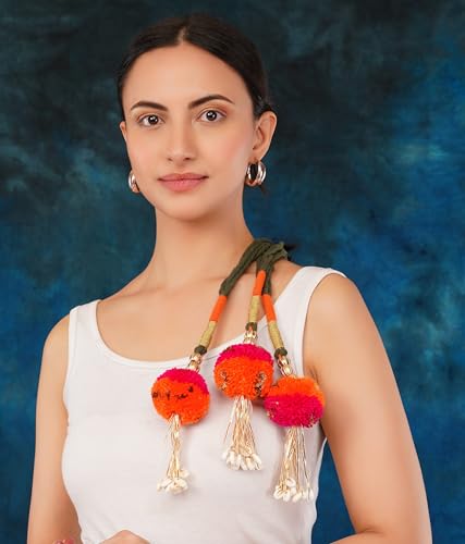 Image of Zippy Flora Gulabo Parandi (Orange) with pompoms| Handmade Boho Parandi | Traditional Hair Accessory with Tassels & Shells | Hair Extension | Choti | Versatile for All Hair Types