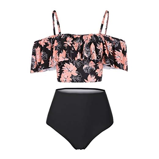 Kaei&Shi Strapless,Strappy Swimwear,Floral High Waisted Flounce Bikini Set,Tummy Control Swimsuits for Women,Off Shoulder Bathing Suit Black Flower Medium