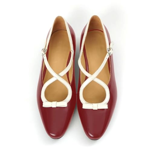 LEMUTISME Women's Vintage Spring-Summer Matte Leather Round Toe Comfort Two-Tone Bow Mary Jane Flats Shoes3