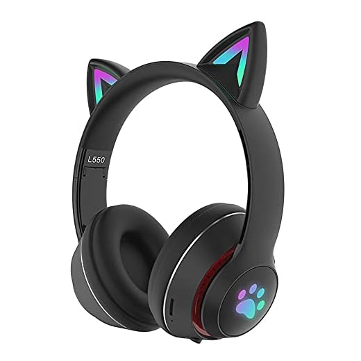 Bluetooth 5.0 Cat Ear hörlurar, L550 Bluetooth Cat Ear hörlurar hopfällbart On-Ear stereo trådlöst headset med mikrofon LED-ljus och volymkontroll, färgskiftande lysande