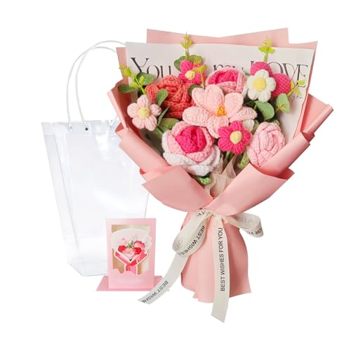 Crochet Flower Bouquet, Handmade Crochet Flowers Bouquet,Crochet Sunflowers for Her Valentines Day Anniversary Birthday Mother’s Day Women Wife Lover Friends with Gift Box Bag and Card(Pink)