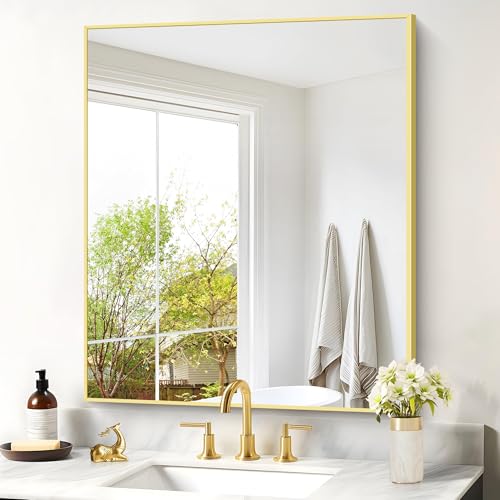 Image of COFENY Gold Bathroom Mirror for Wall, 30x36 Inch Rectangle with Metal Frame, Modern Vanity for Bathroom Living Room, Entryway Hangs Horizontal or Vertical