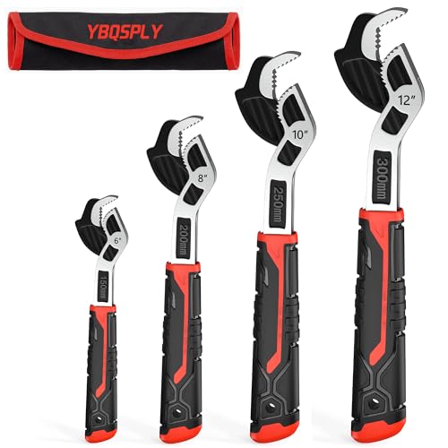 YBQSPLY Pipe Wrench Set, 6” 8” 10” 12” Self Adjusting Wrench 4-Piece Plumbing Tools for 0.27“-1.7”/7-43mm Standard Nuts, Irregular Nuts, Pipes Use