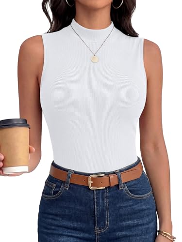ANRABESS Mock Neck Tops for Women Basic Soft Ribbed Slim Tank Tops Comfy for Yoga Lounge & Office Versatile Summer Shirt White Medium