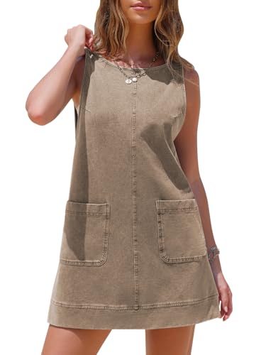 Image of EXLURA Womens Sleeveless Denim Dress Casual Summer Crewneck A Line Overall Mini Dress Jean Jumper Pinafore with Pockets 2025