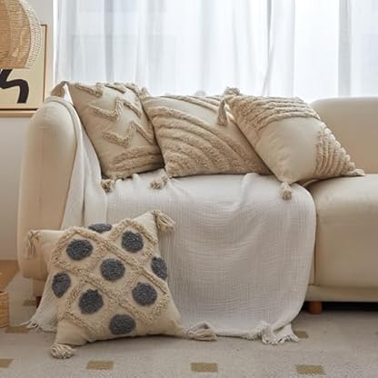 1 set Boho Kissen, Beige Deko Baumwolle Dekokissen getuftete, Couchkissen für Wohnzimmer Schlafzimmer, Kissenhülle mit Verstecktem Reißverschluss (Schwarze Punkte,45cmX45cm(Kein Kopfkissen)) – Bild 4