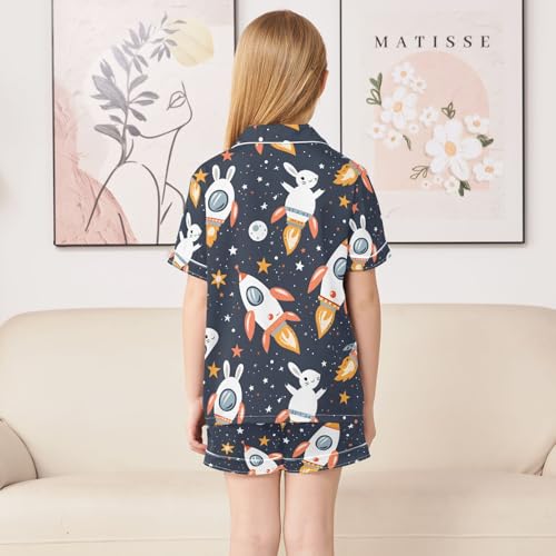 ALAZA Space Bunny Spaceship Rabbit Pajamas Satin Pajama Set Short Sleeve Button Down Sleepwear4