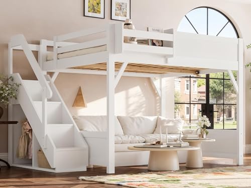 Image of KEIKI Solid Wood Queen Size Loft Bed Frame with Stairs, Built-in Wardrobe and Storage Space, Queen Loft Bed with Shelves, Queen-Length Guardrails, No Box Spring Needed for Bedroom, Light White