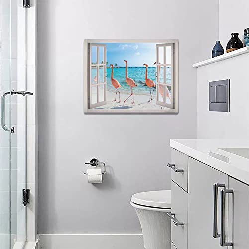 Flamingo Beach Bathroom Wall Art Tropical Palm Coastal Ocean Pictures Wall Decor Pink Flamingo 3D Window Canvas Prints Framed Modern Animals Painting Artwork For Bathroom Living Room Office 16"X12" #TOP1