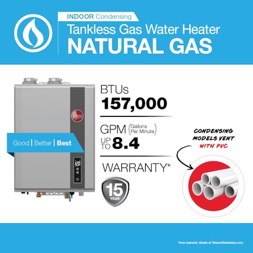 Rheem RTGH Series 8.4 GPM Natural Gas Tankless Water Heater Indoor | 157,000 BTUs Super High Efficiency On Demand, Continuous Hot Water | Condensing Ultra-Low Nox