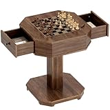 SogesPower Chess Checker Game Table with 2-Drawers Storage, Game Board Table Checkers Combo Table for Family, Wooden Game Table in Walnut
