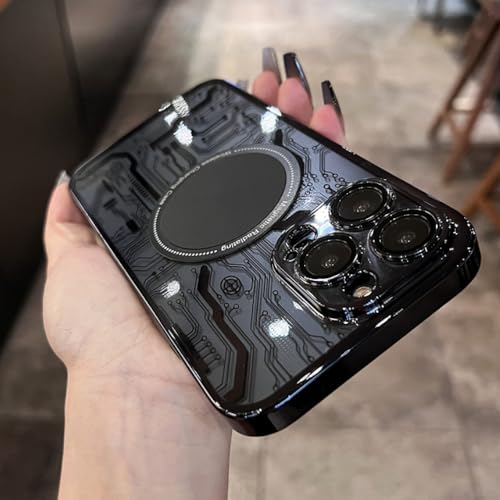 Étui de charge magnétique pour iPhone 12 transparent à motif circuit noir