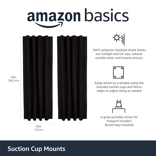 Image of Amazon Basics Portable Energy Saving Noise Reducing Blackout Curtain Shade with Suction Cups, Fits Windows, 50 inchW x 78 inchL, Black, 2-Pack