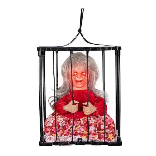 TRIXES Muñeca de Halloween enjaulada aterradora, accesorio de casa embrujada con voz gritando, criatura de pesadilla