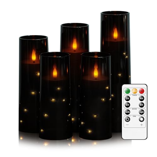 Image of kakoya Flameless LED Candles with Timer 5 Pc Flickering Flameless Candles for Romantic Ambiance and Home Decoration Stable Acrylic Shell,with Embedded Star String,Battery Operated Candles(Black)