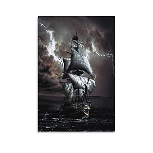 Hdydjs Stormy Pirate Ship Poster Black Sailboat Poster Canvas Painting Posters And Prints Wall Art Pictures For Living Room Bedroom Decor 16X24Inch(40X60Cm) Unframe-Style #TOP6