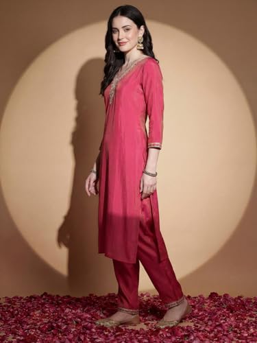 Image of INDO ERA Women's Silk Blend Embroidered Zari Work Straight Kurta & Pant Set | Cord Set For Women