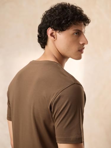 Image of The Souled Store Supima: Dusky Mocha Men and Boys Short Sleeves Round Neck Solid Regular Fit Lightweight Breathable Durable Everyday Comfortable Supima Cotton T-Shirt