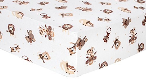 Safari Rock Band Deluxe Flannel Fitted Crib Sheet - Safari Animals Scatter Print Cotton Flannel, Tan, Brown and White, Fully Elasticized, 10 in Deep Pockets, Fits Standard Crib Mattress 28 in x 52 in