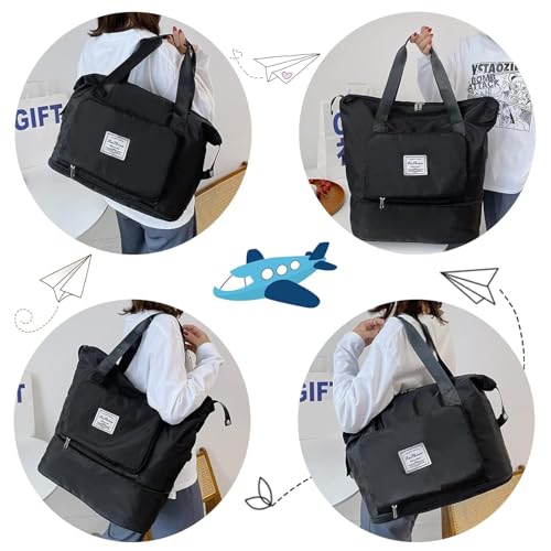 Image of Large Capacity Folding Travel Tote Bag, Oxford Fabric Waterproof Lightweight Foldable Travel Duffel Bag, Portable Expandable Travel Bag, Dry and Wet Separation Carry On Bag for Airplanes (Black)