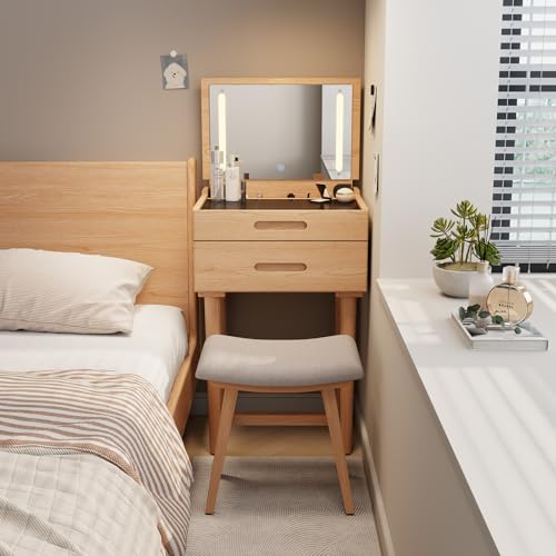 Image of Wooden Vanity Stool, Makeup Small Bench Seat Solid Wood with Upholstery Saddle Seat Stools Concave Ergonomic Chair Easy to Install for Bedroom Wooden Vanity Chair, Wooden Stool 16 inch log Color