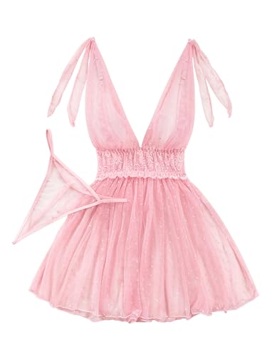 Image of Lilosy Sexy Polka Dots Mesh Sheer Lace Babydoll Chemise Lingerie Set Floral Sleep Wear