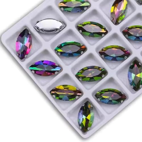Image of 7X15Mm Horse Eye Shape Crystal Flatback Sew On Rhinestones DIY Embroidery Material Embroidery Kit 70pcs (Forest)