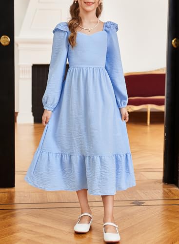 blibean Tween Girls Tie Back Dresses Embroidery Sleeve Size 6-15 Years4