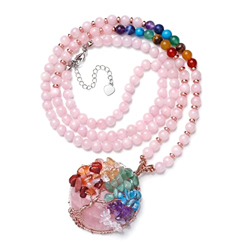 Image of Top Plaza 7 Chakra Healing Crystal Natural Round Gemstone Pendant Necklace Tree of Life Copper Wire Wrapped Beads Necklaces Reiki Jewelry for Women