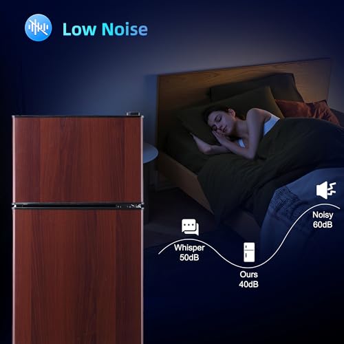 Image of Dorm Fridge with Freezer, Small Refrigerator 3.45 Cu. Ft. with Freezer for Apartment, 7-Level Temperature Adjustable Apartment Size Fridge for Kichen, College, Office, Wood
