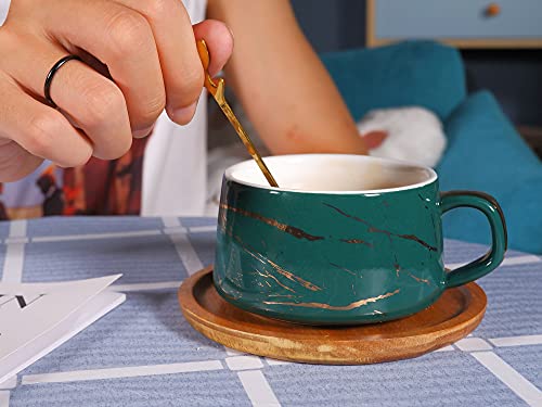 8.5 oz Golden Hand Print Tea Cup With Saucer Set (set of 1(green with wooden saucers))