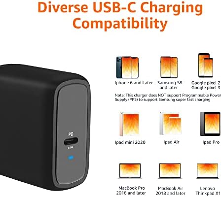 Amazon Basics 65W One-Port GaN USB-C Wall Charger with Power Delivery PD 3.0, Foldable Plug, Portable, Fast Charging for Laptops, Tablets & Phones, Non-PPS, Black