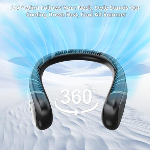 Image of Portable Neck Fan, Personal Wearable Bladeless Fan for Outdoor Indoor, LED Display, 360 Cooling, 4-Speeds, 6000mAh USB Rechargeable, Birthday Gifts for Men Women Dad Mom (Black)
