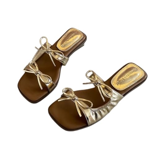 ZQW Women's Open Toe Bow Flat Sandals Lightweight Slip On Slides Comfortable Casual Beach Sandals for Summer Daily Walking