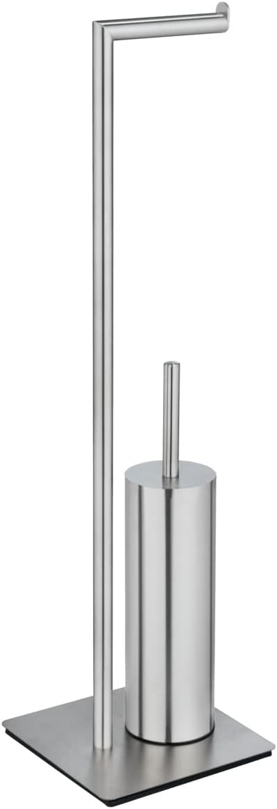 WENKO Recco Free-Standing Toilet Brush Set, WC Brush and Toilet roll Holder Made of Satin-Finish Stainless Steel on a Heavy Base Plate, incl. WC Brush Set with Silicone Brush Head, 20 x 71.5 x 20 cm