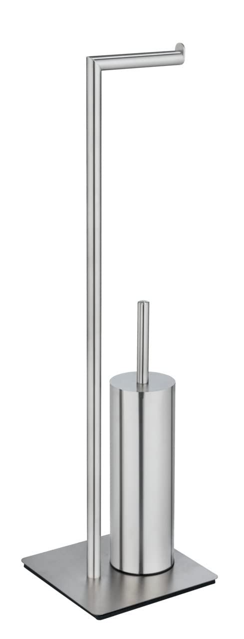 WENKO Set de accesorios de pie para inodoro Recco, escobillero y portarrollos de acero inoxidable satinado con base firme, incl. escobilla con cabezal de silicona, 20 x 71,5 x 20 cm