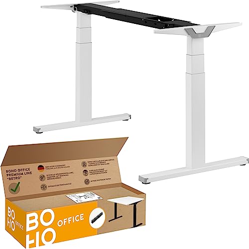 boho office® Höhenverstellbarer Schreibtisch Gestell - Made in Germany, Elektrisch stufenlos, 2 laufruhige Motoren, 3-Fach Teleskop, Kollisionsschutz - Premium Line Weiß mit Retroschalter