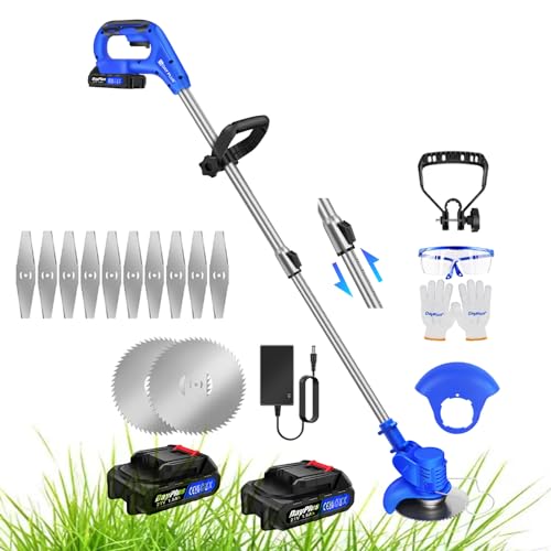 Balayeuse à Désherbage Électrique Sans Fil Lithium-Ion 21V, Tondeuse à Gazon Légère à Charge Rapide 1H, 2 Piles 1500mAh et 10 Lames Métalliques, 1 Lame de Scie Circulaire, Bleu