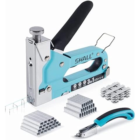 SHALL Handtacker Set, 3 in 1 Leistungsstarker Holztacker mit 3000 Klammern, Regulierbarer Schusskraft, TÜV GS Geprüft, Tackerpistole für Tischlerei, Dekoration, Kabelbefestigung, Inkl Klammerentferner Cover